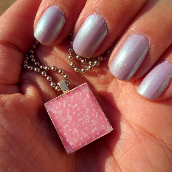 Pink Music Note Scrabble Tile Pendant Upcycled Repurposed Game Piece Necklace - Picture 4 of 8